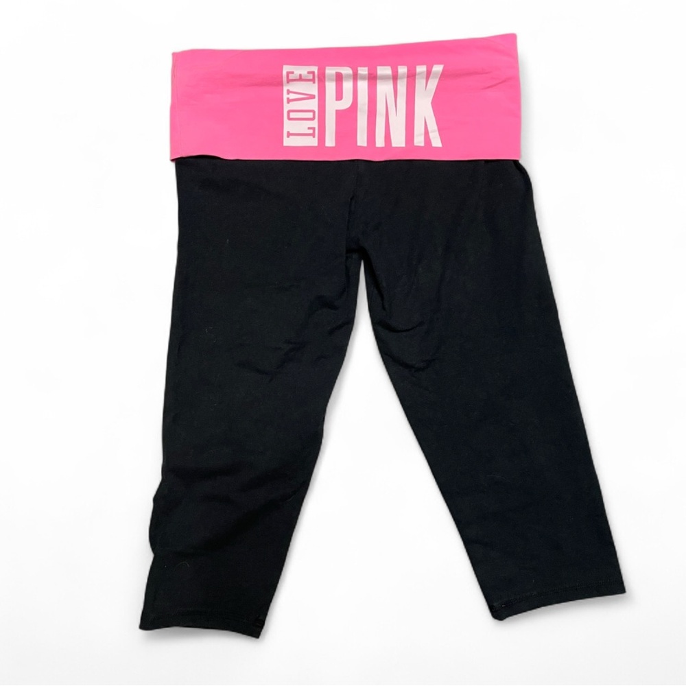 Victorias Secret PINK‎ Yoga Love Pink Black Pink Fold Over Capri Pants Small